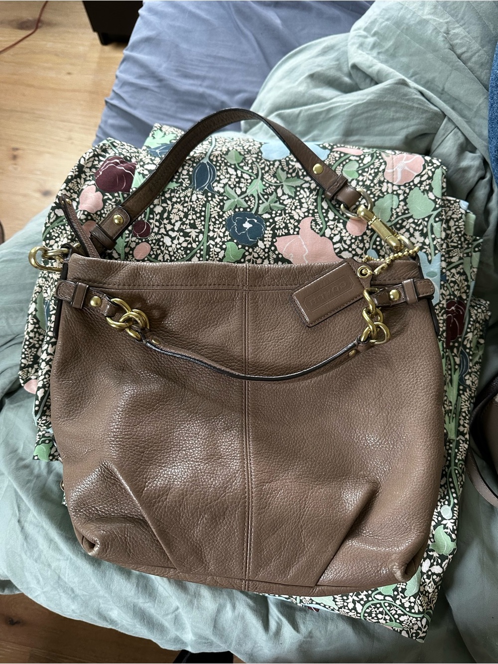 Coach Taupe Brown Pebbled Leather Shoulder Bag with Gold Hardware
